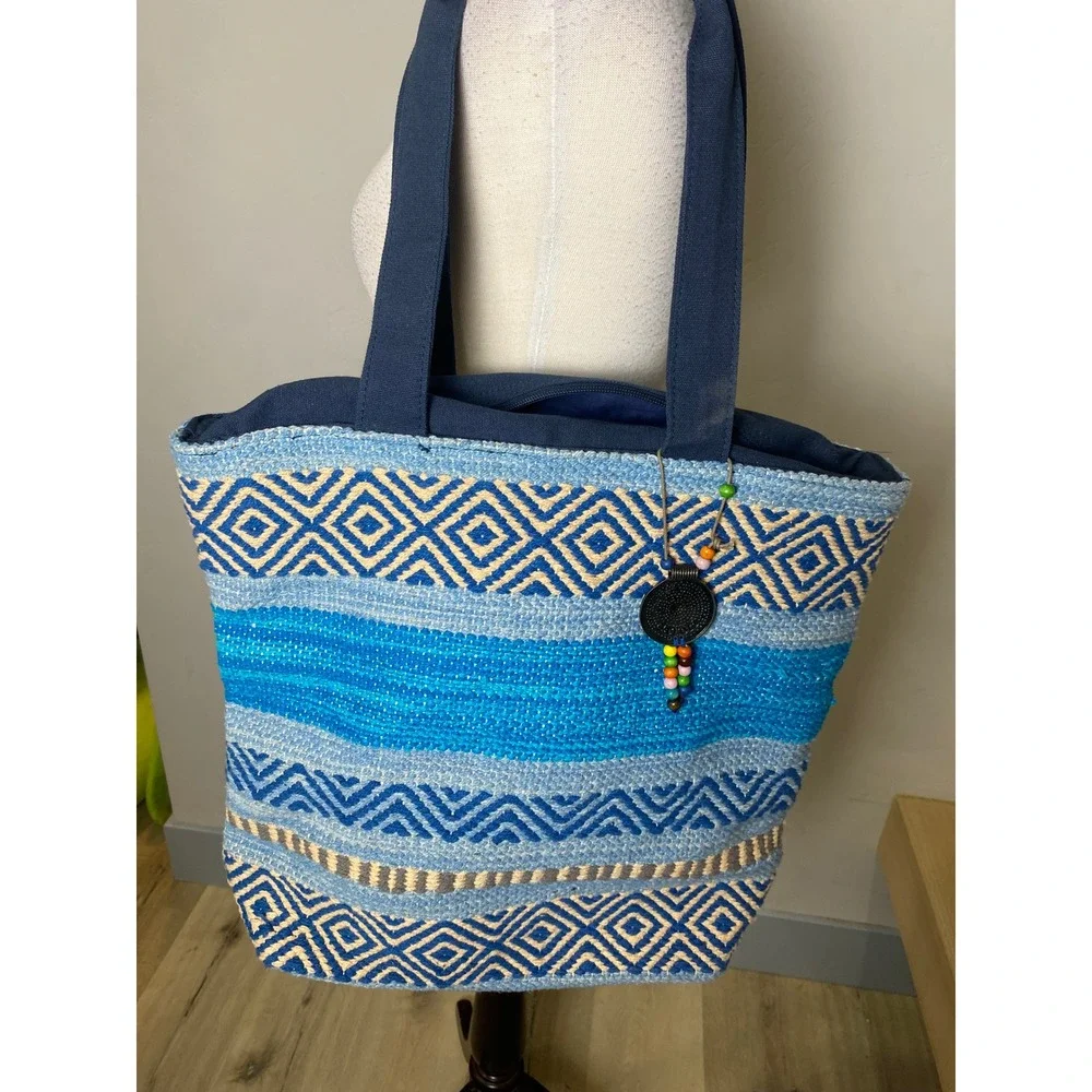 Catori Sun N Sand Blue Woven Geometric Tote Bag 90s Y2K Boho Shoulder Bag